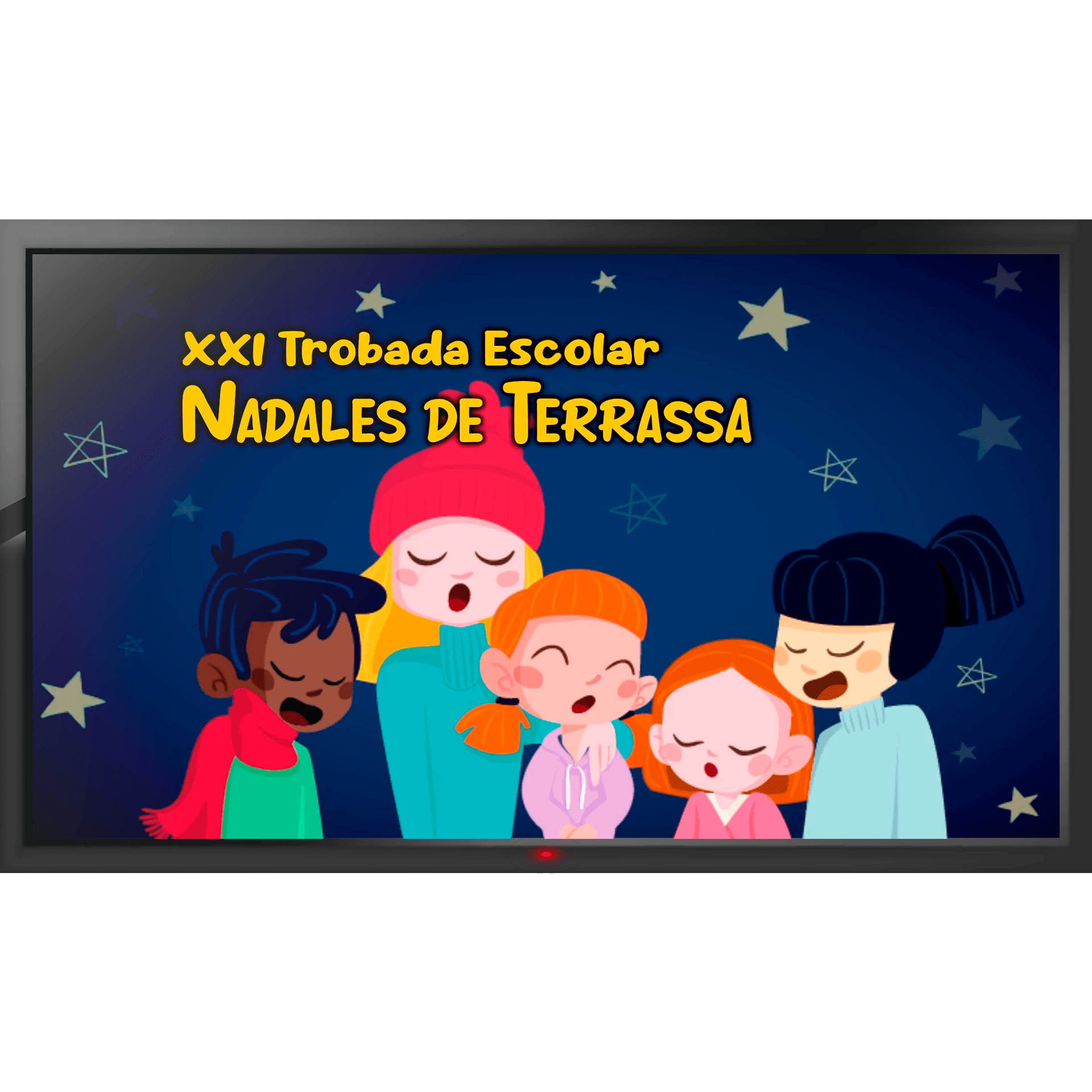 Careta para recital navideño Simulación visual de una televisión. En la parte de arriba de la pantalla de la TV está escrito: "XXI Trobada Escolar de Nadales de Terrassa". Por detrás del texto, se ve a un grupo de niñas y niños con abrigos de invierno que cantan con los ojos cerrados. El fondo es azul oscuro con estrellas amarillas.