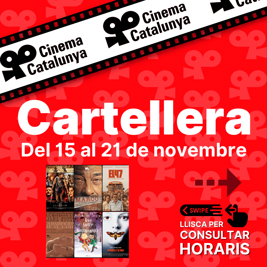Portada de la cartelera para el Instagram del Cinema Catalunya, del 15 al 21 de noviembre. El diseño es de color rojo, gris claro, blanco y negro y con los textos en catalán.