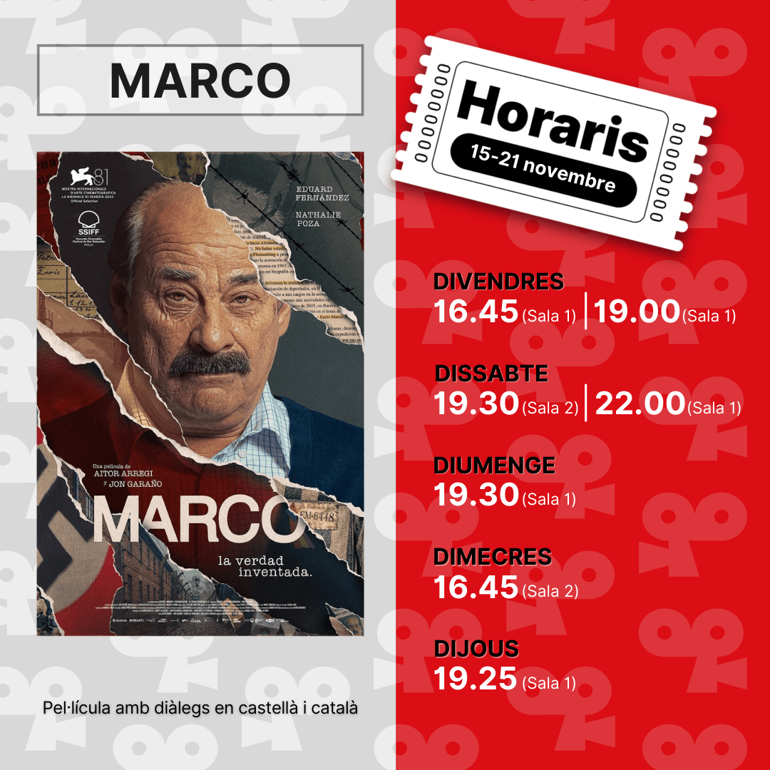 Segunda página de la cartelera para el Instagram del Cinema Catalunya con los horarios para ver Marco. El diseño es de color rojo, gris claro, blanco y negro y con los textos en catalán.