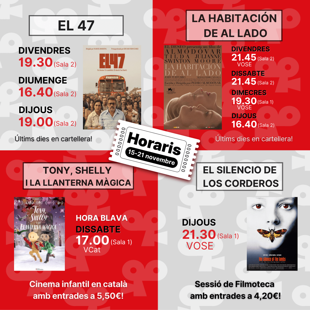 Tercera página de la cartelera para el Instagram del Cinema Catalunya con los horarios para ver El 47, La habitación de al lado, Tony, Shelly y la lámpara mágica y El silencio de los corderos. El diseño es de color rojo, gris claro, blanco y negro y con los textos en catalán.