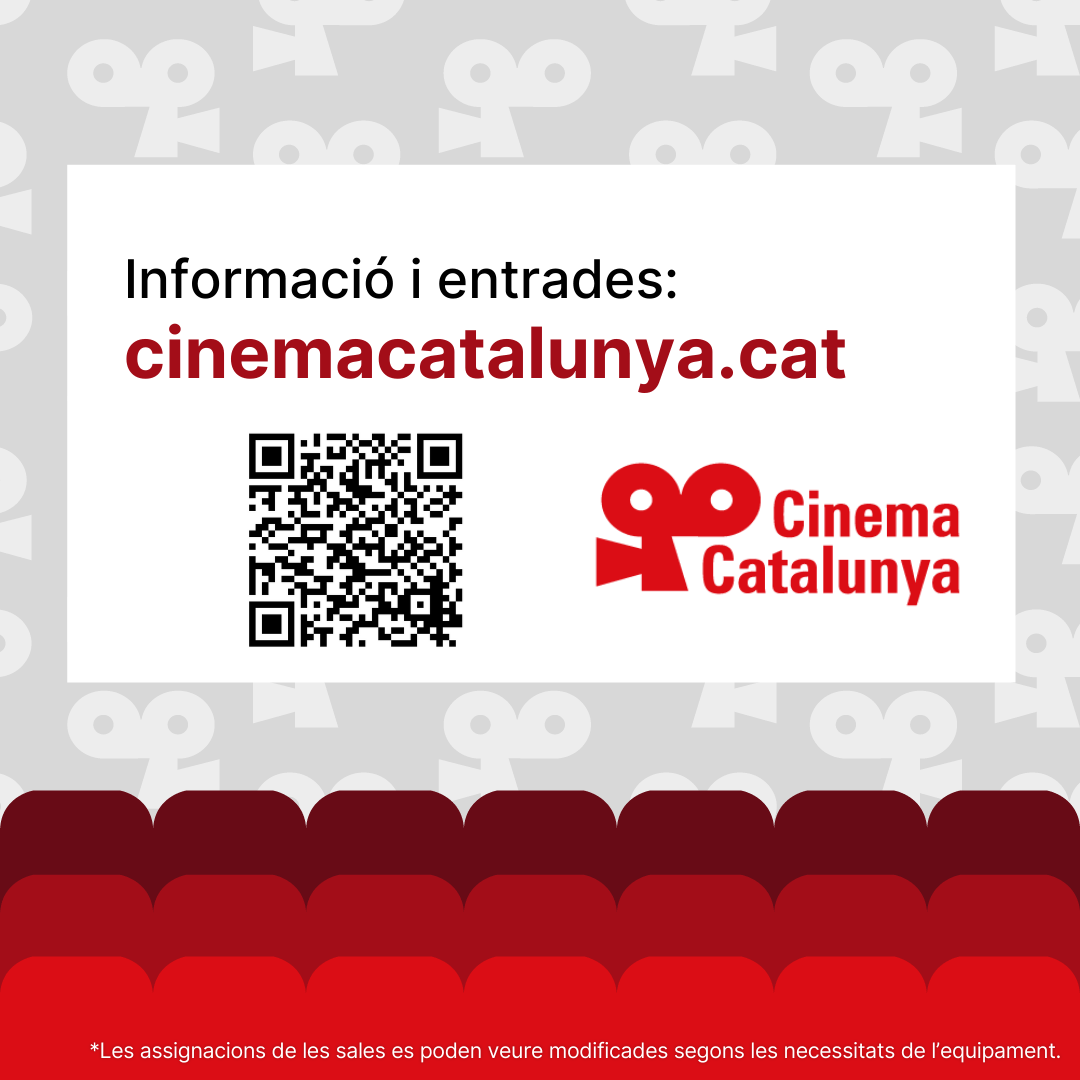 Última página de la cartelera para el Instagram del Cinema Catalunya la página web de información y entradas: cinemacatalunya.cat, un código bidi que enlaza a la web y el logo de Cinema Catalunya. El diseño es de color rojo, gris claro, blanco y negro y con los textos en catalán, simulando un cine con las butacas abajo y la pantalla de cine arriba.