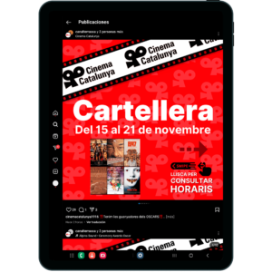 Simulación visual de cómo se vería el diseño en una tablet. La imagen simula tener la cuenta de Instagram abierta con la cartelera del Cinema Catalunya anunciada.