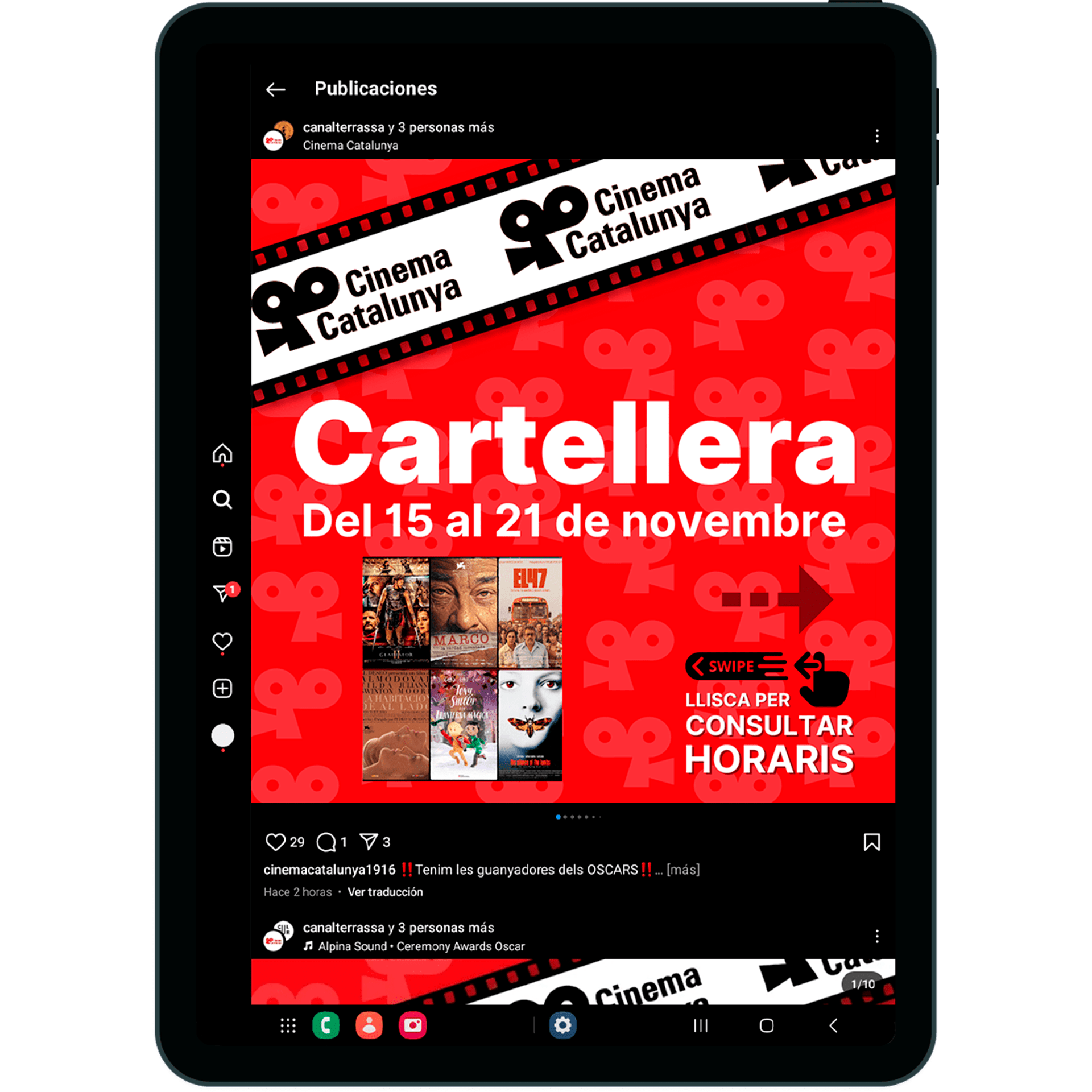 Carrusel para red social Simulación visual de cómo se vería el diseño en una tablet. La imagen simula tener la cuenta de Instagram abierta con la cartelera del Cinema Catalunya anunciada.