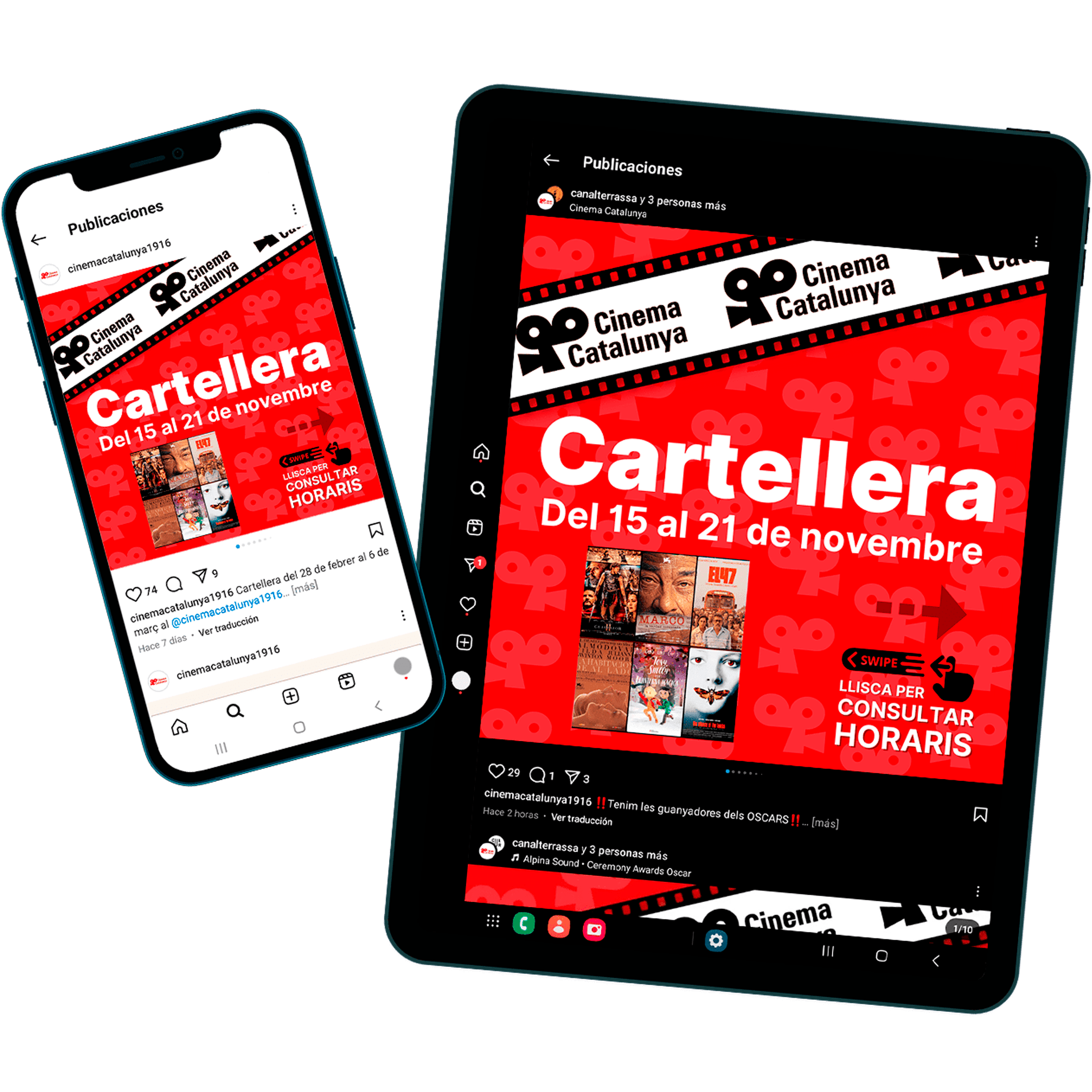 Carrusel para red social Simulación visual de cómo se vería el diseño en un móbil y en una tablet. Ambas imágenes simulan tener la cuenta de Instagram abierta con la cartelera anunciada.