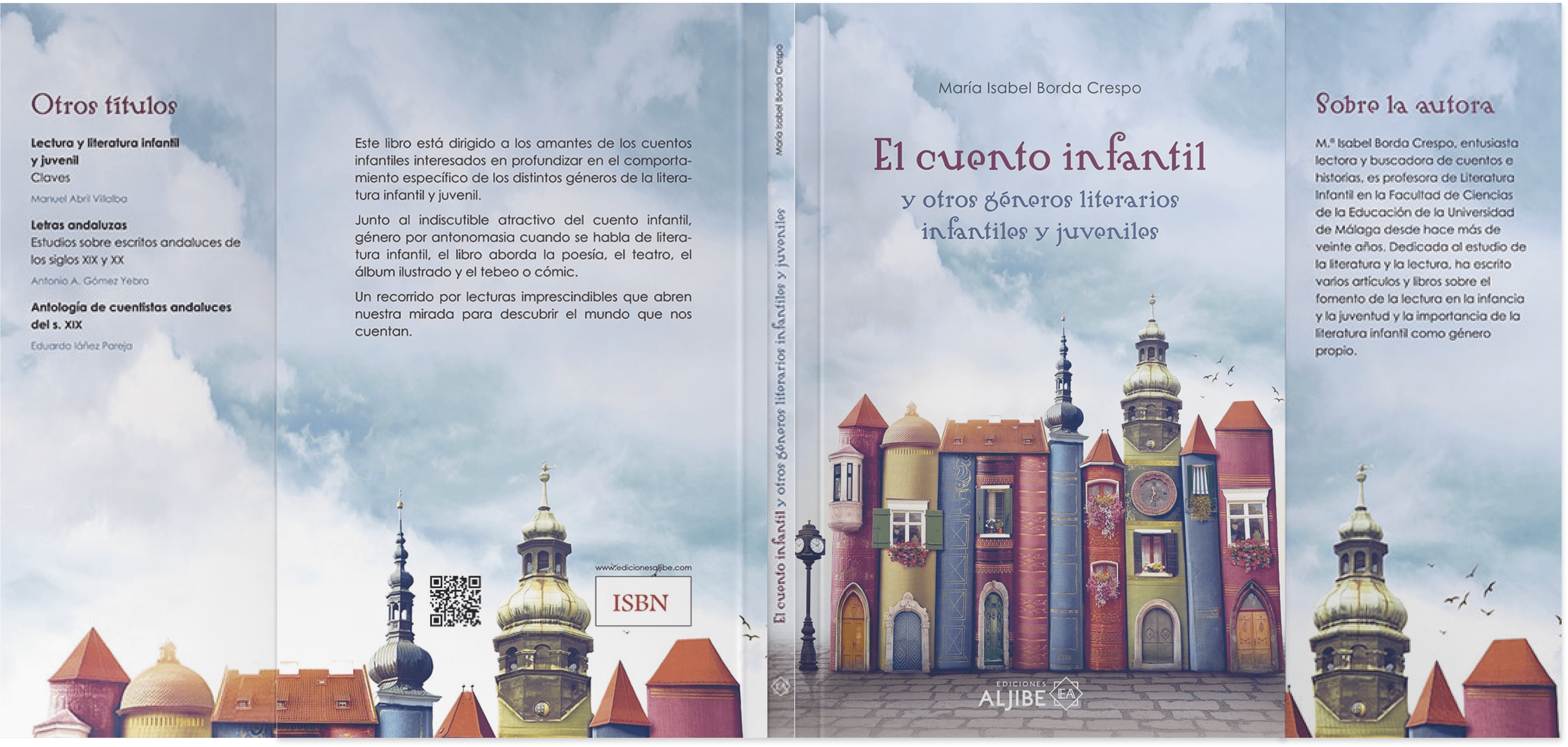 Simulación de la portada de un libro titulado “El cuento infantil” de María Isabel Borda Crespo, con portada, contraportada, lomo y solapas.