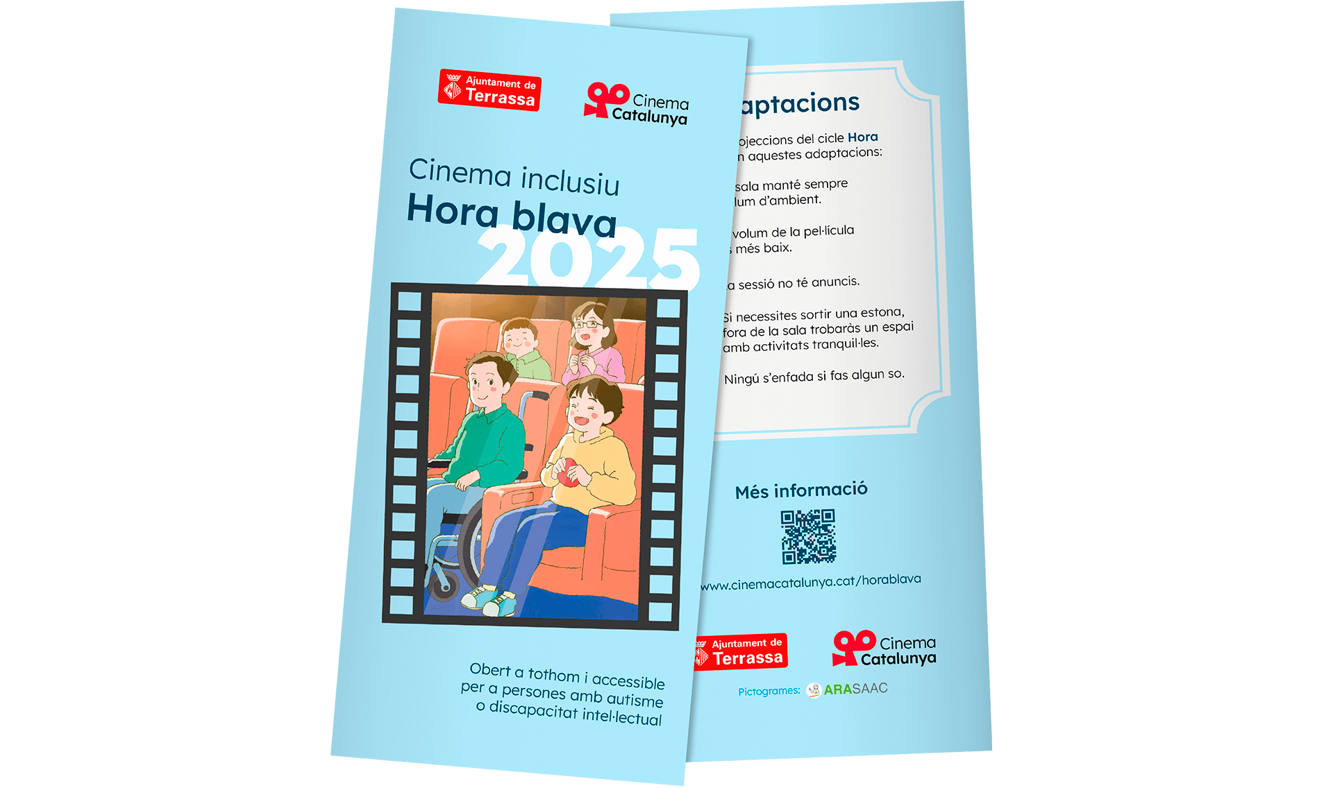 Díptico para imprenta Portada y contraportada del diptico para el ciclo Hora Blava del Cinema Catalunya. Los colores son azules y rojo, con una ilustración en la portada de unas chicas y chicos con diversidades funcionales en un cine.