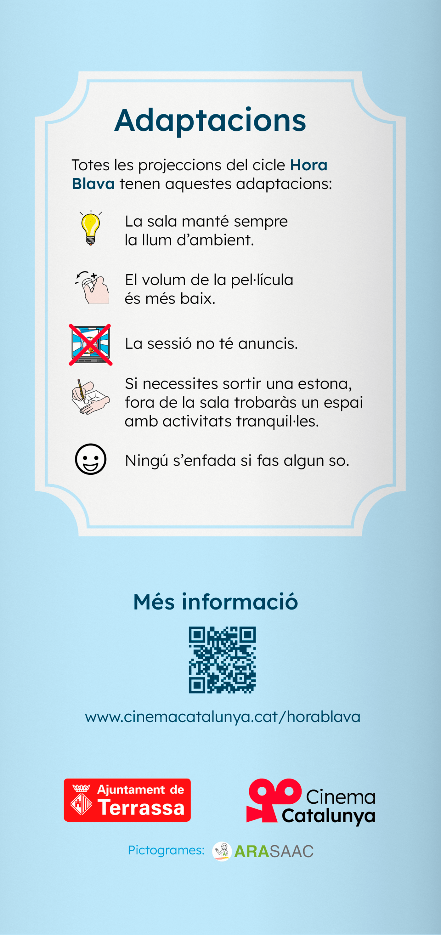 Díptico para imprenta Contraportada del diptico para el ciclo Hora Blava del Cinema Catalunya. Los colores son azules y rojo, e incluye iconos para personas con autismo que aclaran el texto.