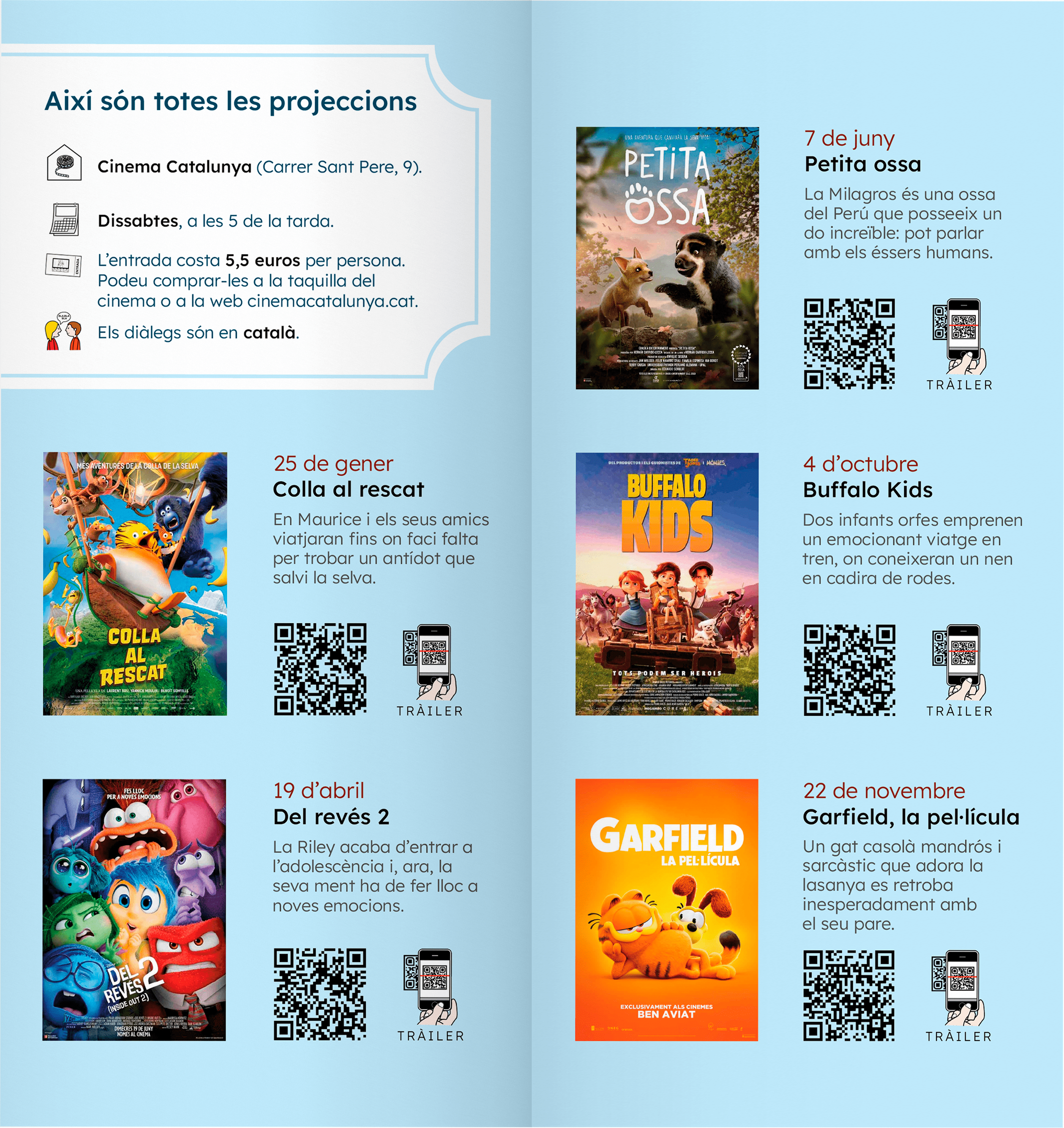Díptico para imprenta Interior del diptico para el ciclo Hora Blava del Cinema Catalunya. Los colores son azules y rojoy anuncia los horarios, posters y sinopsis de 5 películas inclusivas.