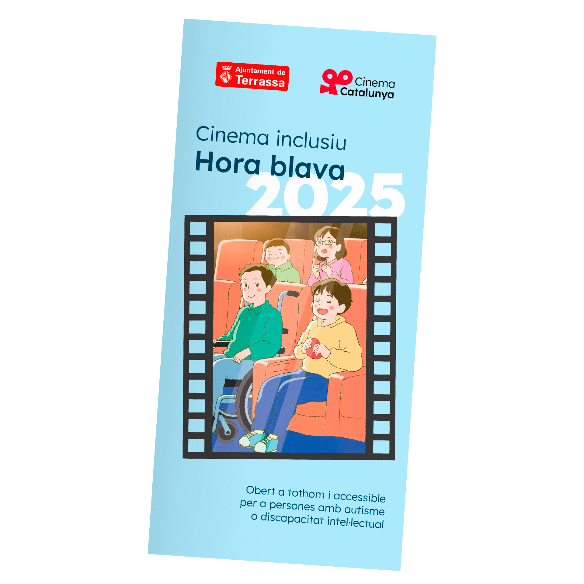 Portada del diptico para el ciclo Hora Blava del Cinema Catalunya. Los colores son azules y rojo, con una ilustración de unas chicas y chicos con diversidades funcionales en un cine.