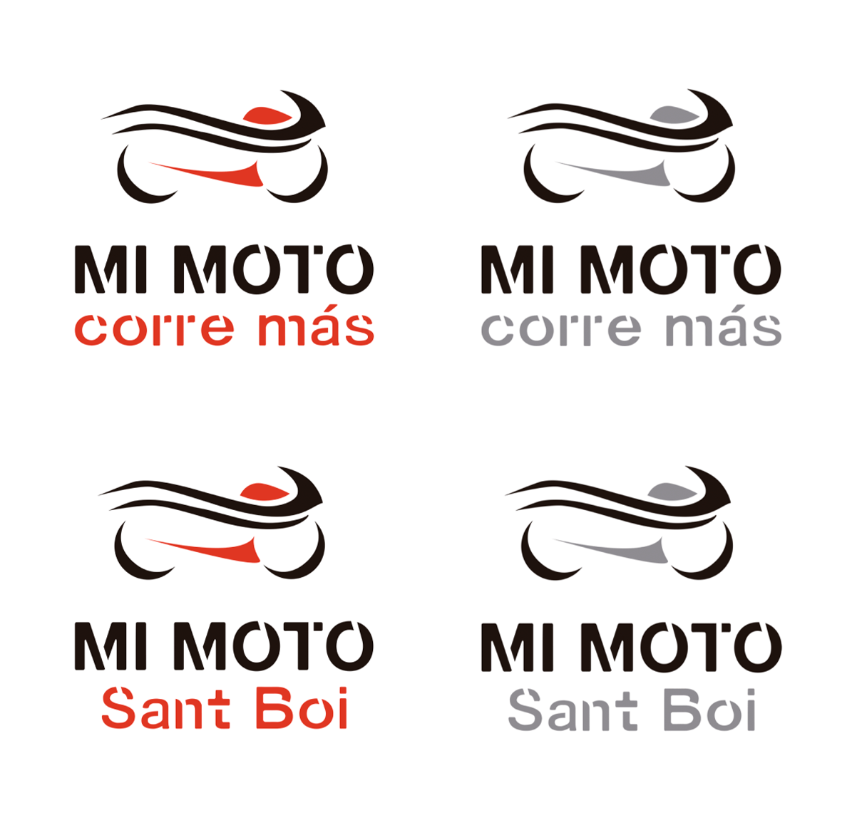 Mi Moto corre más Imagotipos de Mi Moto corre más, con logotipos e isotipos en versiones ennegro y rojo, y en escala de grises.
