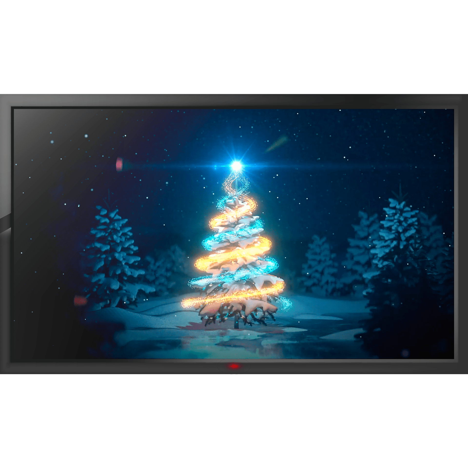 Careta para Navidad Simulación visual de una televisión. En la pantalla de la TV se ve un paisaje nevado con un árbol de Navidad iluminado en el centro. En la cima de ese árbol hay una luz y los colores son amarillos, azules y verdes.