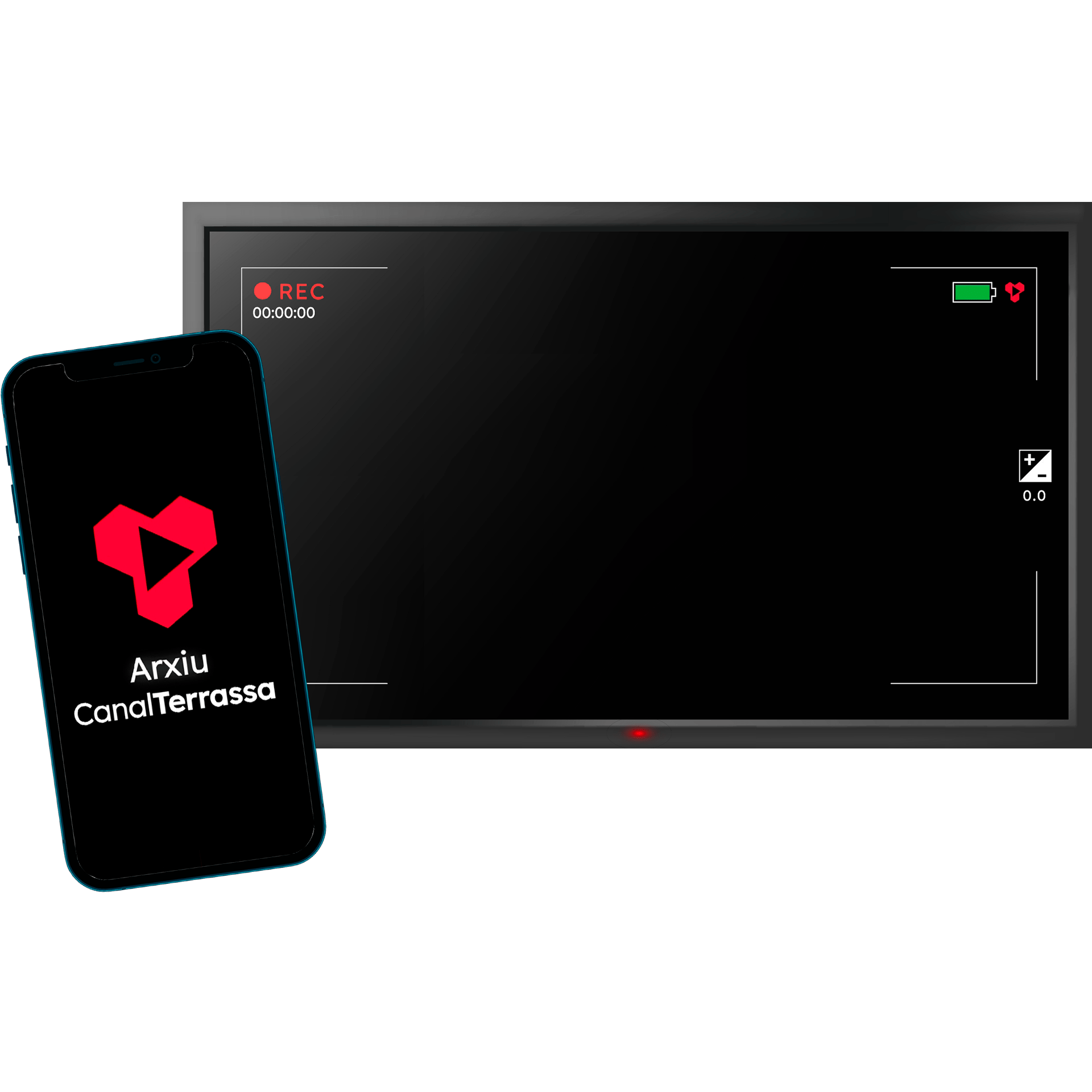 Pantallas animadas Simulación visual de un teléfono móvil con una televisión detrás. En ambos, hay una pantalla de fondo negro con el logotipo del Archivo de Canal Terrassa, con colores rojo y blanco.