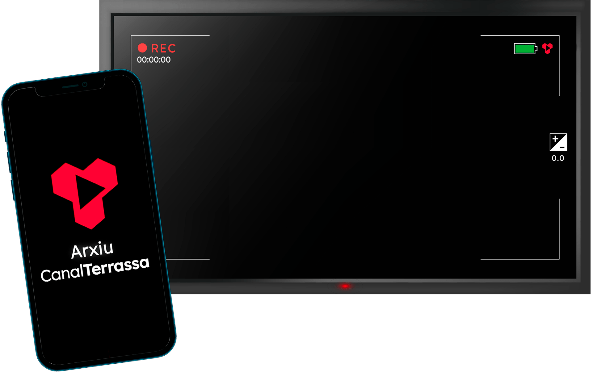 Simulación visual de un teléfono móvil con una televisión detrás. En ambos, hay una pantalla de fondo negro con el logotipo del Archivo de Canal Terrassa, con colores rojo y blanco.