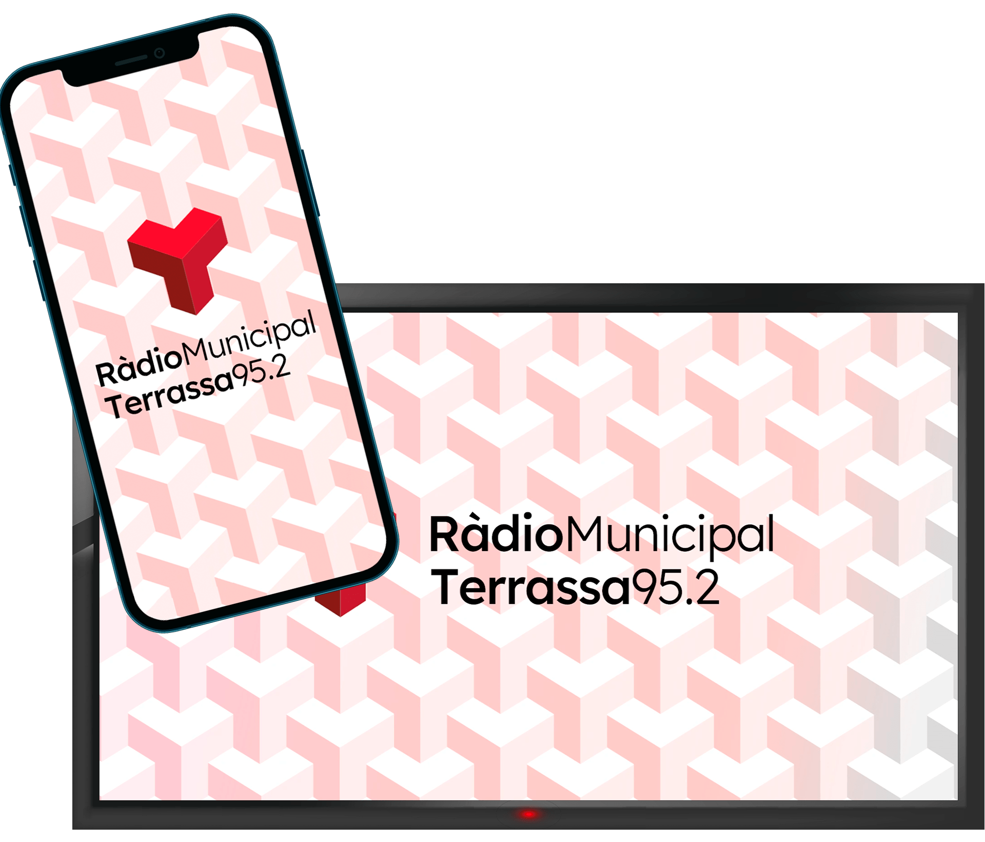 Simulación visual de un teléfono móvil con una televisión detrás. En ambos, hay una pantalla con fondo rojo claro y blanco con efecto 3D, con el logotipo de la Ràdio Municipal de Terrassa, con colores rojo y blanco.