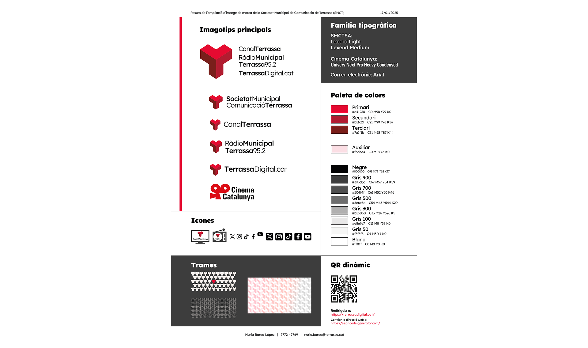 Resumen de la identidad visual de la SMCT Resumen visual del manual de identidad visual de la SMCT: logotipos, familias tipográficas, paleta de colores, iconos, tramas y QR donámico