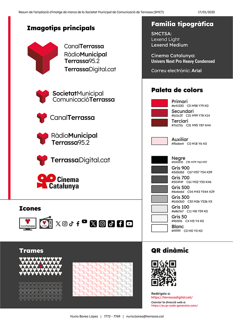 Resumen de la identidad visual de la SMCT Resumen visual del manual de identidad visual de la SMCT: logotipos, familias tipográficas, paleta de colores, iconos, tramas y QR donámico