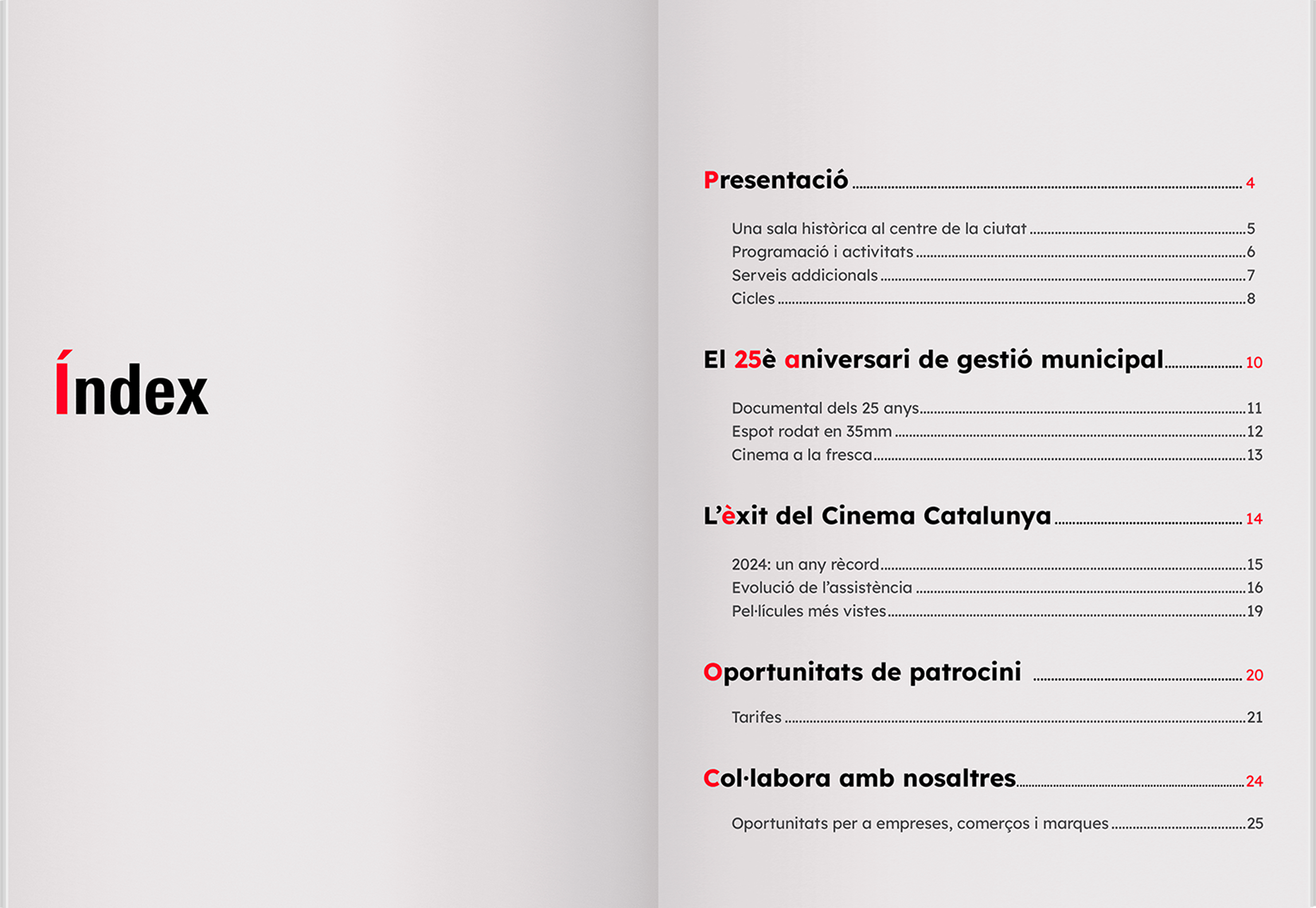 Simulación visual del dossier presentación del 25 aniversario de gestión municipal del Cinema Catalunya visto de frente, con las páginas abiertas mostrando el índice, de colores gris claro y rojo.