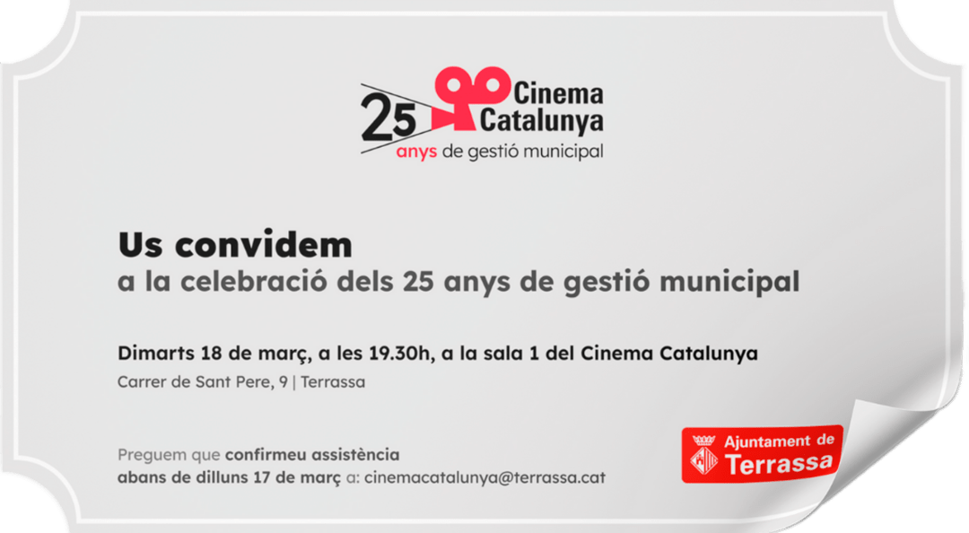 25 aniversario de gestión municipal del Cinema Catalunya Invitación para enviar por correo electrónico para asistir al acto celebración del 25 aniversario de gestión municipal del Cinema Catalunya, con colores gris claro, negro y rojo y con el logotipo conmemorativo del 25 aniversario.
