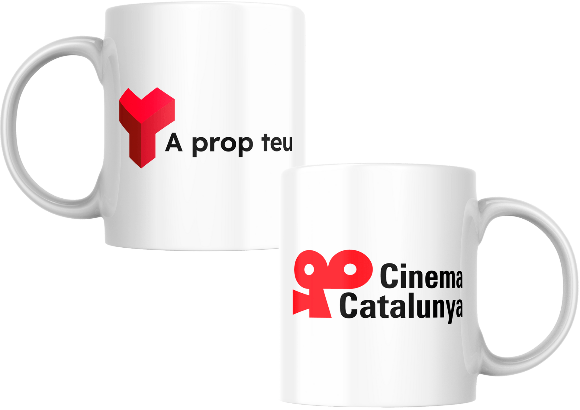 Merchan de marca de Canal Terrassa y el Cinema Catalunya Simulación visual de dos tazas blancas: en una está el logotipo de Canal Terrassa y en la otra está el logotipo del Cinema Catalunya, de colores negro y rojo.