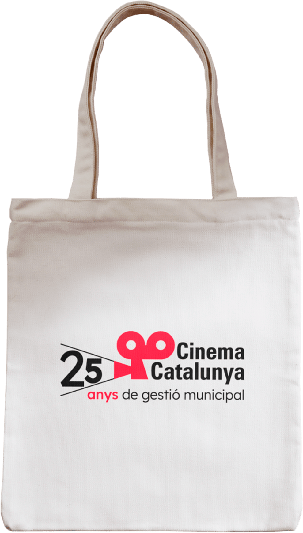 25 aniversario de gestión municipal del Cinema Catalunya Simulación visual de una tote bag blanca con el logotipo conmemorativo del 25 aniversario de gestión municipal del Cinema Catalunya, de colores negro y rojo.