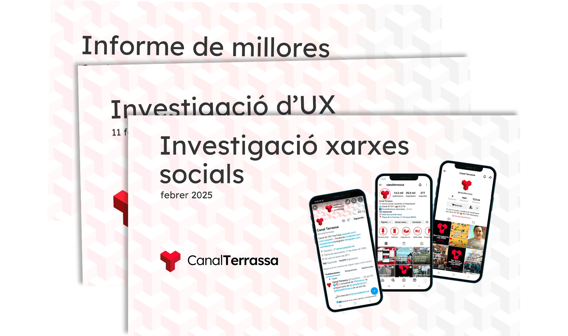 Portadas de tres informes de investigación para web y redes sociales