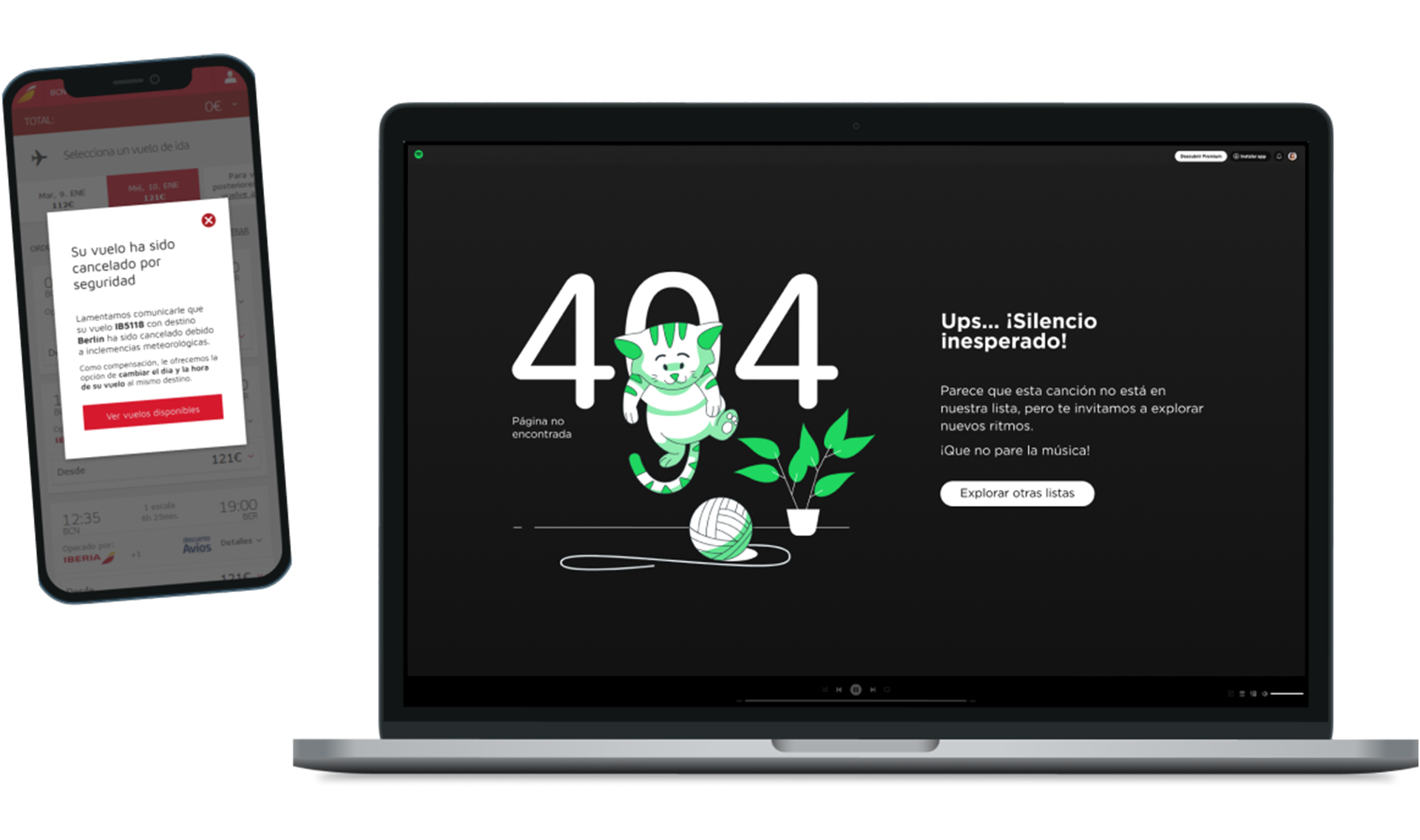 Escritura web para varias marcas Simulación visual de un teléfono móvil mostrando una pantalla de cancelación de un vuelo de Iberia y una página de error 404 de Spotify