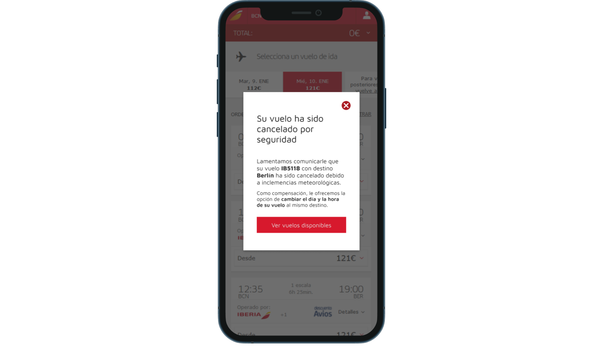 Escritura web para Iberia Simulación visual de un teléfono móvil mostrando una pantalla de cancelación de un vuelo.