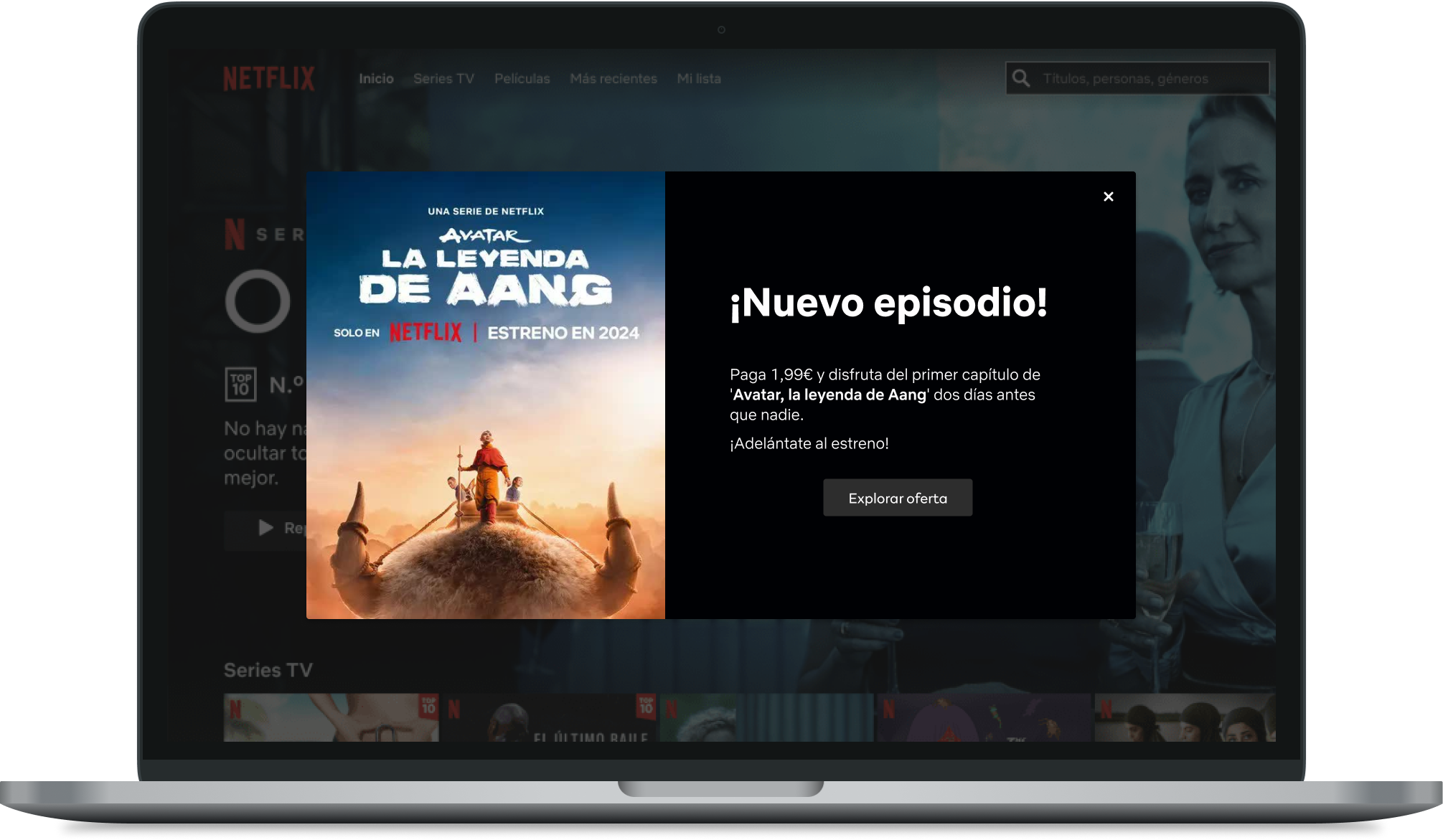 Escritura web para Netflix Simulación visual de un ordenador portátil mostrando una ventana emergente anunciando el nuevo episodio de una serie.
