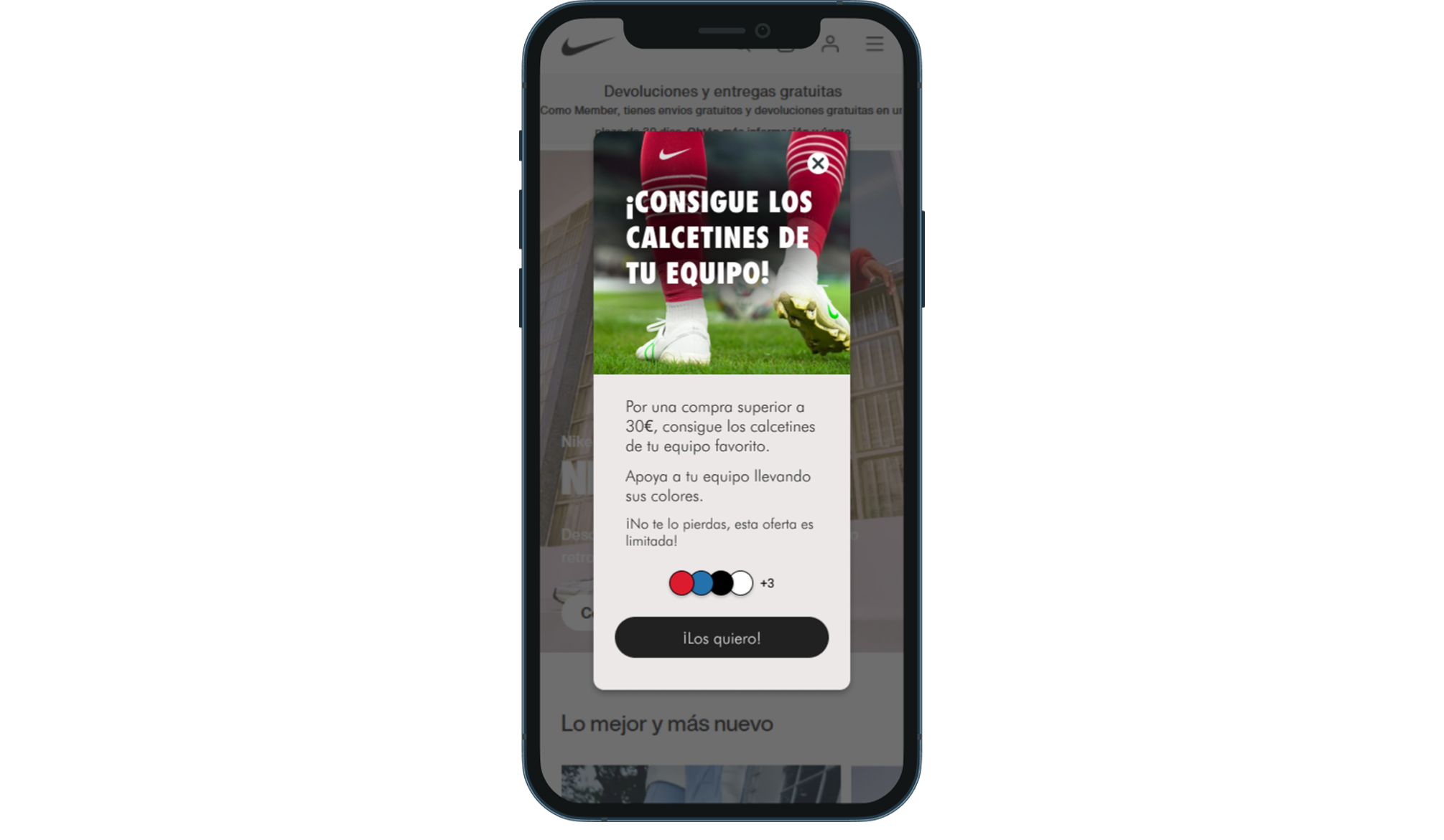 Escritura web para Nike Simulación visual de un ordenador portátil mostrando una ventana emergente publicitaria de unos calcetines.