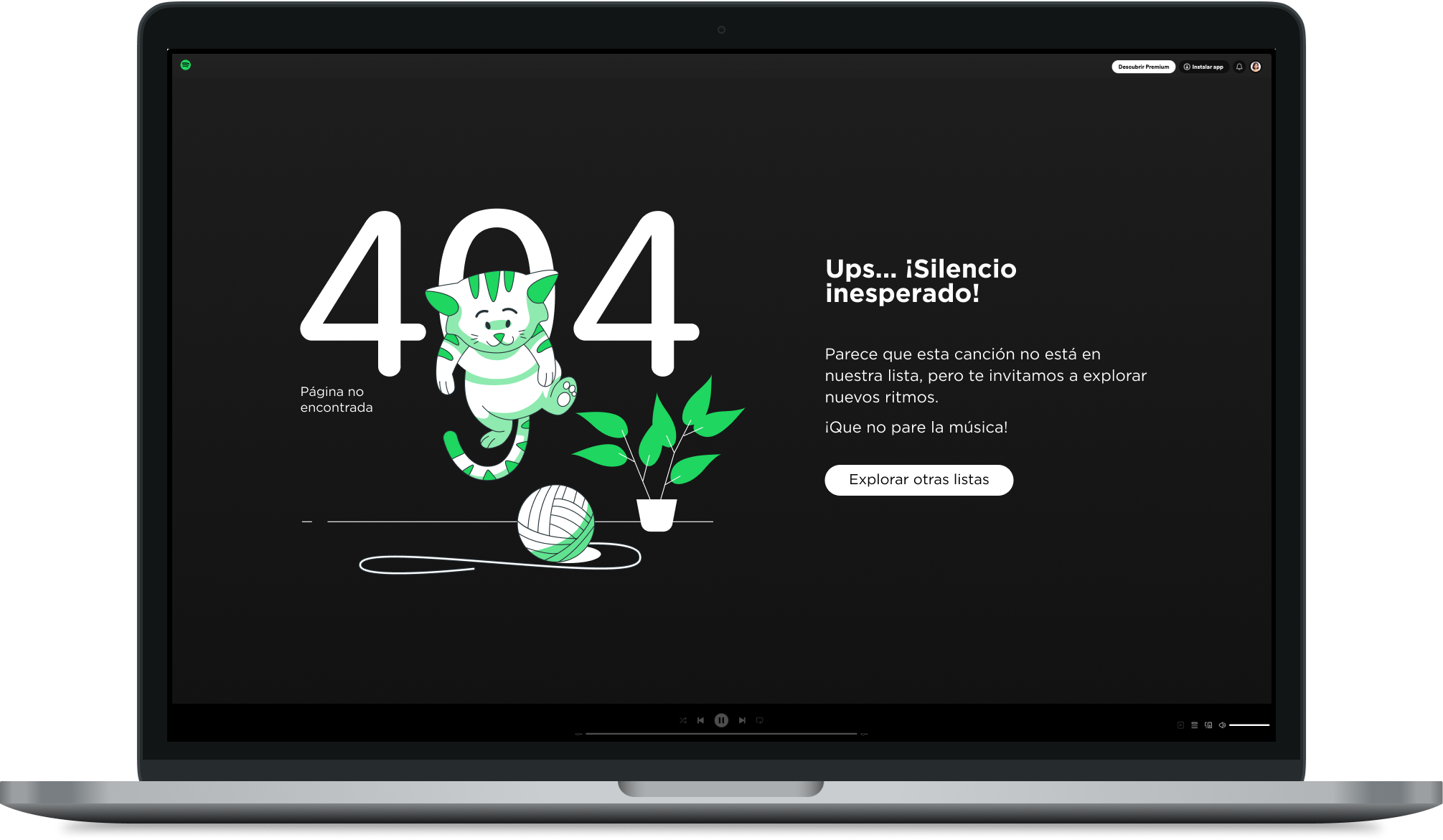 Escritura web para Spotify Simulación visual de un teléfono móvil mostrando una página de error 404 de Spotify.