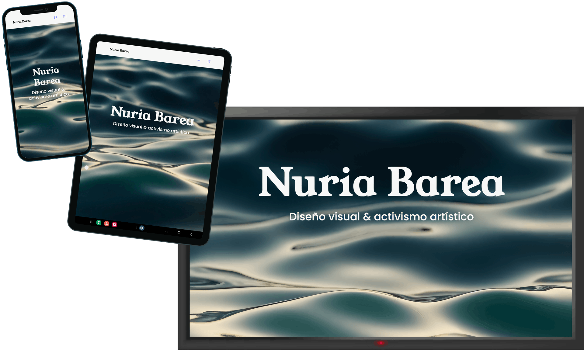 Montaje simulando una TV una tablet y un móvil con la página de inicio de nuriabarea.com abierta